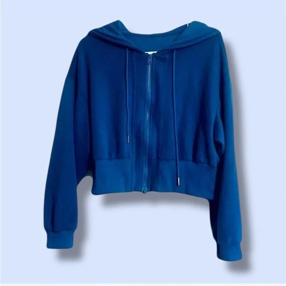 Blue Cropped Zip Up Hoodie - Picture 3 of 8